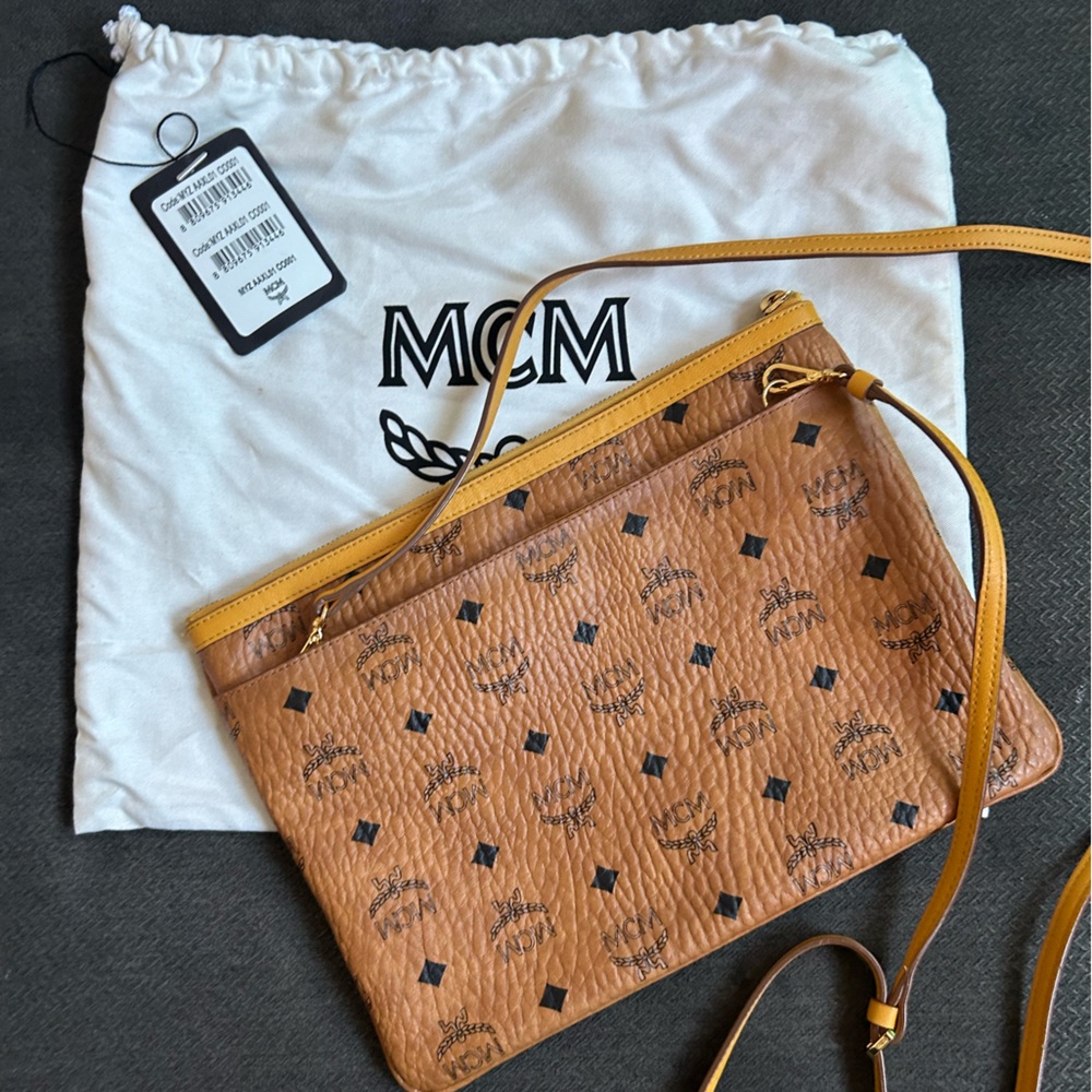 MCM Visetos Tan Crossbody Bag with Black Logo